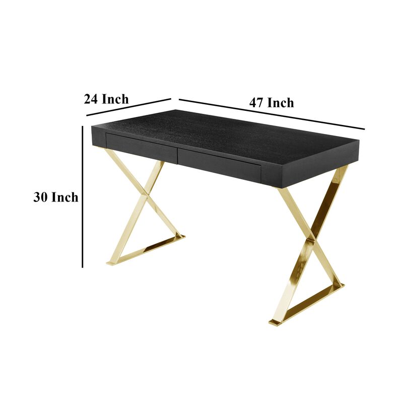 Ada Office Desk, 2 Drawers, Black Wood and Gold X Steel Legs, 47 Inch - Benzara