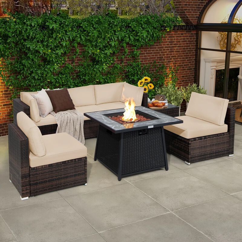 Mondawe Modular 7-Pcs Design PE Rattan Sofa Set,With 50K BTU Fire Pit & Detachable Cushions Chair