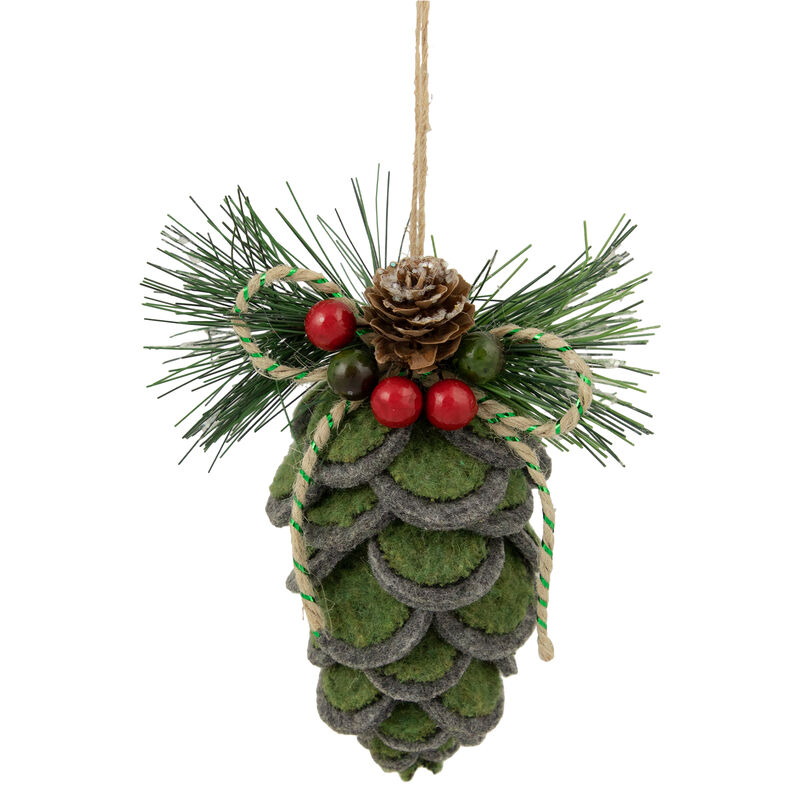 6" Green Felt Pine Cone with Berries Christmas Ornament