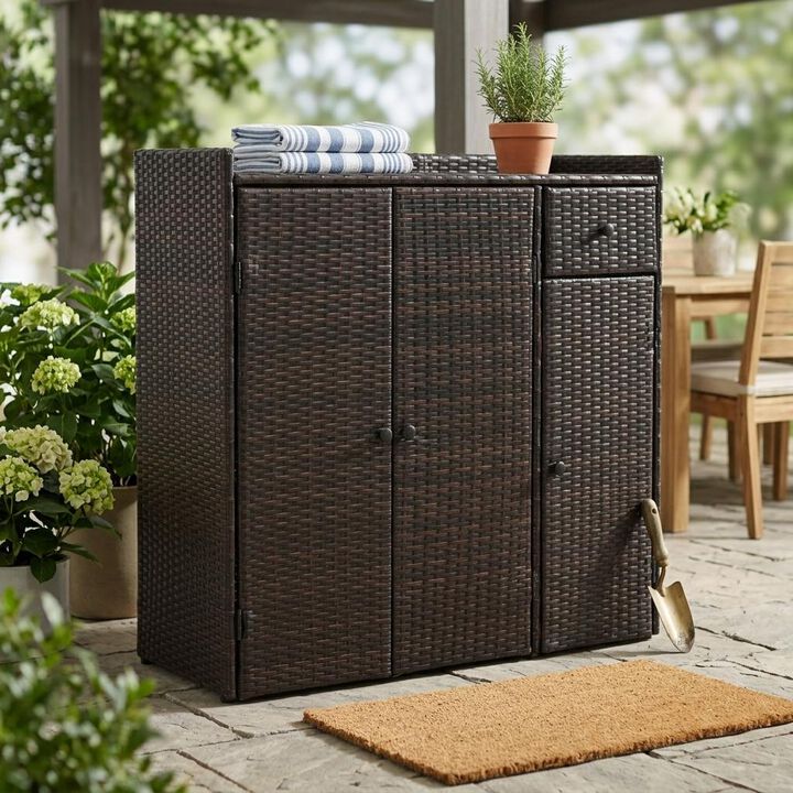 Durable Outdoor Wicker Storage Cabinet with 3 Doors Adjustable Shelves and Built in Drawer