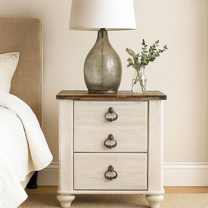 Isla Nightstand, 2 Drawers, 2 USB, Brown Wood Top, Rustic Whitewash