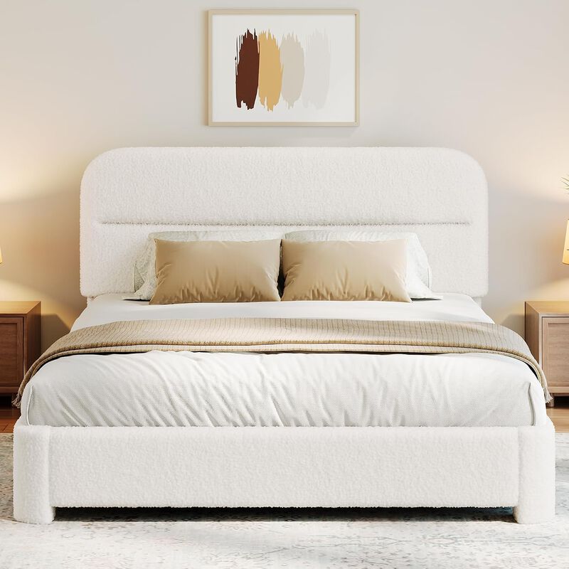 Vipbear Upholstered Boucle Platform Bed Frame with Adjustable Wide Headboard, Wooden Slats, White image number 8