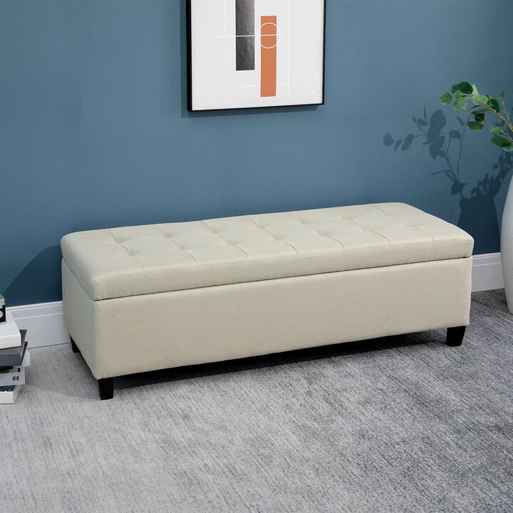 50" Storage Ottoman Bench, Upholstered Ottoman Foot Rest with Linen Fabric and Soft Close Lid for Entryway, Beige