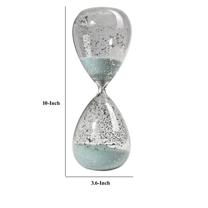 Doug 10 Inch Decorative 60 Minute Hourglass Accent Decor, Teal Blue Sand - Benzara