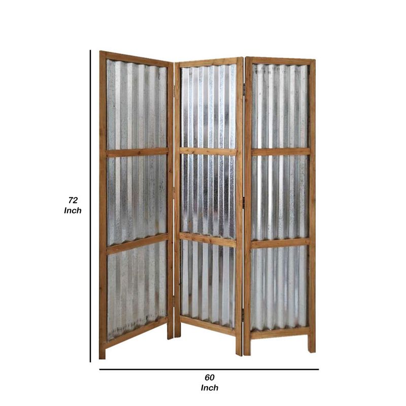 Industrial 3 Panel Foldable Screen with Corrugated Design,Silver and Brown - Benzara