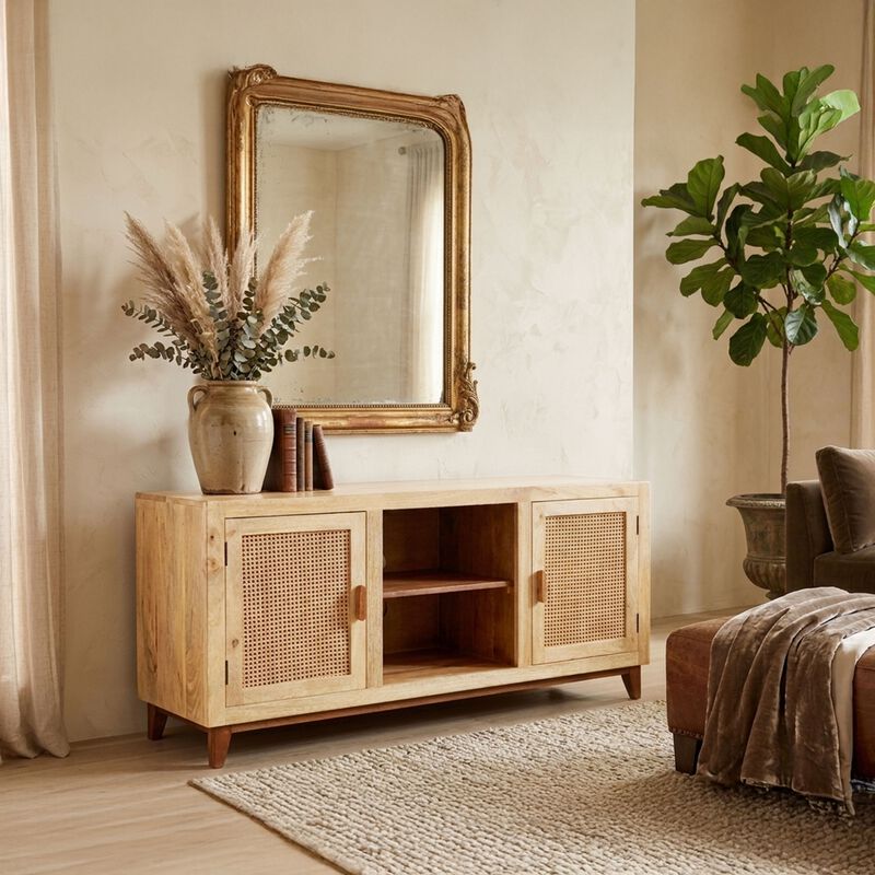 Aru 58 Inch Sideboard Buffet Cabinet, 2 Cane Doors n Open Shelves, 2 Tone Antique Brown Mango Wood image number 8