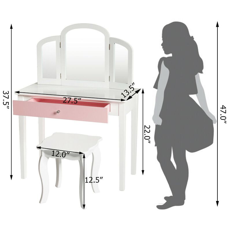 Kids Princess Make Up Dressing Table with Tri-folding Mirror and Chair