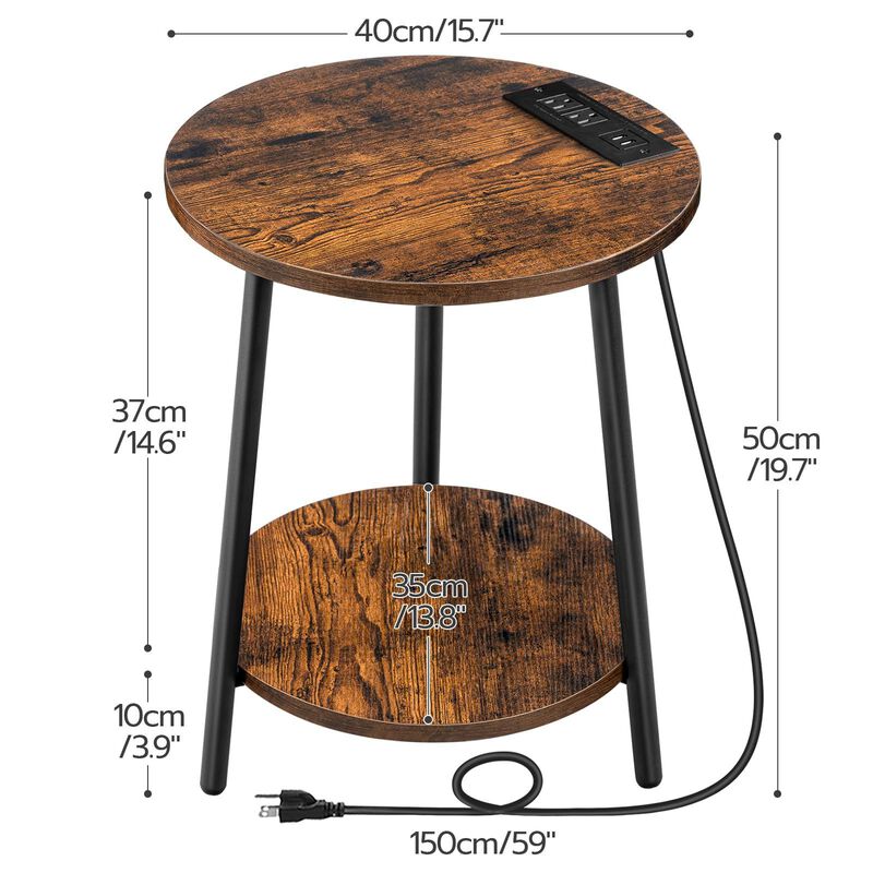 Round Side Table with Charging Station, 2 Tier End Table with Storage Shelves image number 2