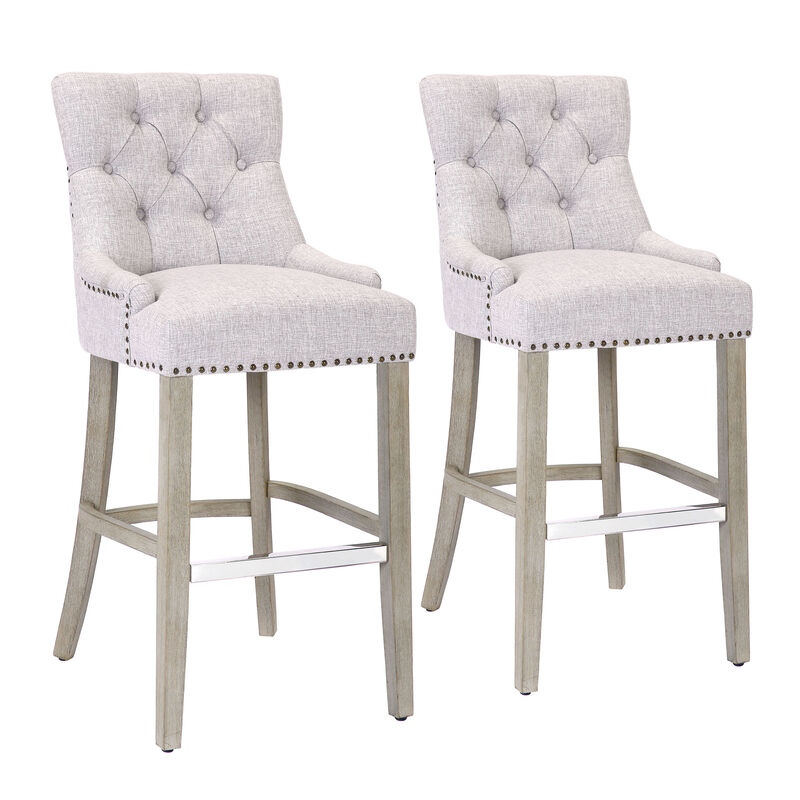 WestinTrends 29" Linen Fabric Tufted Upholstered Bar Stool (Set of 2), Antique Grey