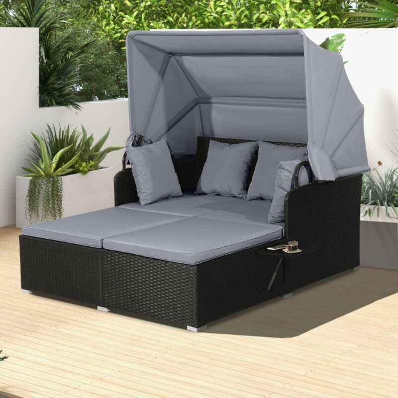 Patio Rattan Daybed with Retractable Canopy and Side Tables image number 2