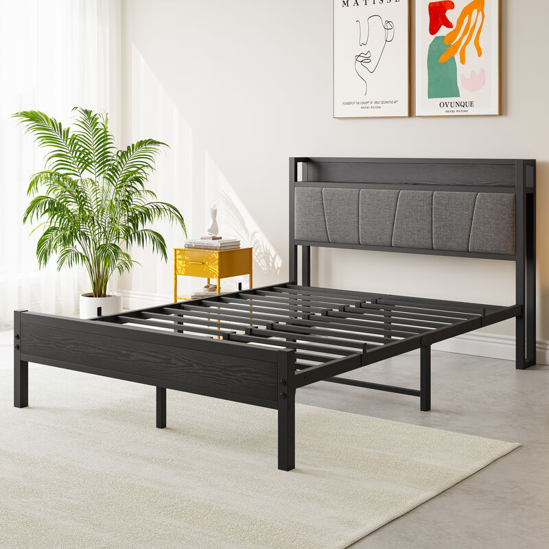 Bed Frame with Storage Headboard Charging Station and Sturdy Design