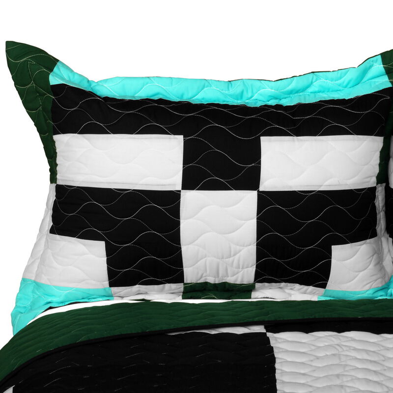 Queen Size 3 Piece Patchwork Quilt Set Pearl Turquoise Soft Bedspread Set image number 4