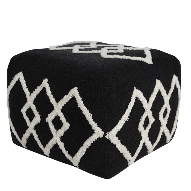 Cotton Upholstered Geometric Pouf – Round Ottoman Seat for Living Room