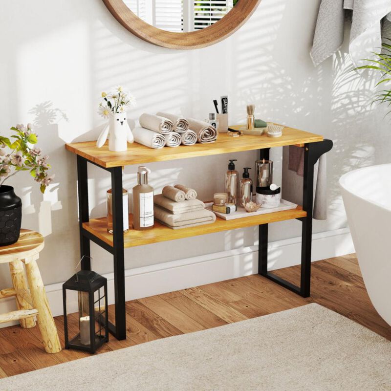 Hivvago 2-Tier Solid Teak Wood Bathroom Shelf with Towel Rack