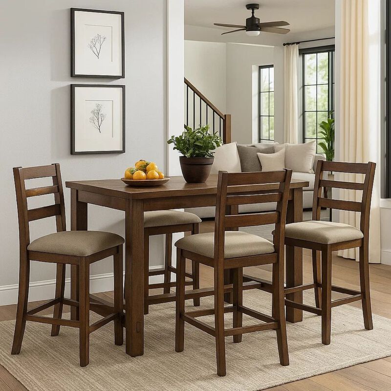 Rustic Plank Wooden Counter Height Table with Block Legs, Oak Brown