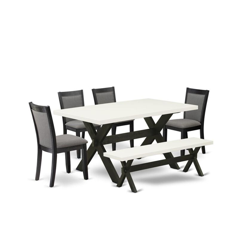 X626MZ650-6 6 Pc Table Set - Linen White Dinner Table with Kitchen Bench and 4 Dark Gotham Grey Chairs - Wire Brushed Black Finish