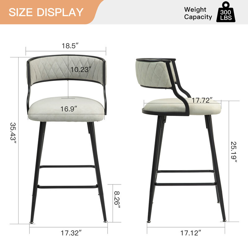 Set of 2 Counter Stools with PU Seat, Sturdy Black Base, and Footrest for Home, Kitchen, or Bar Area