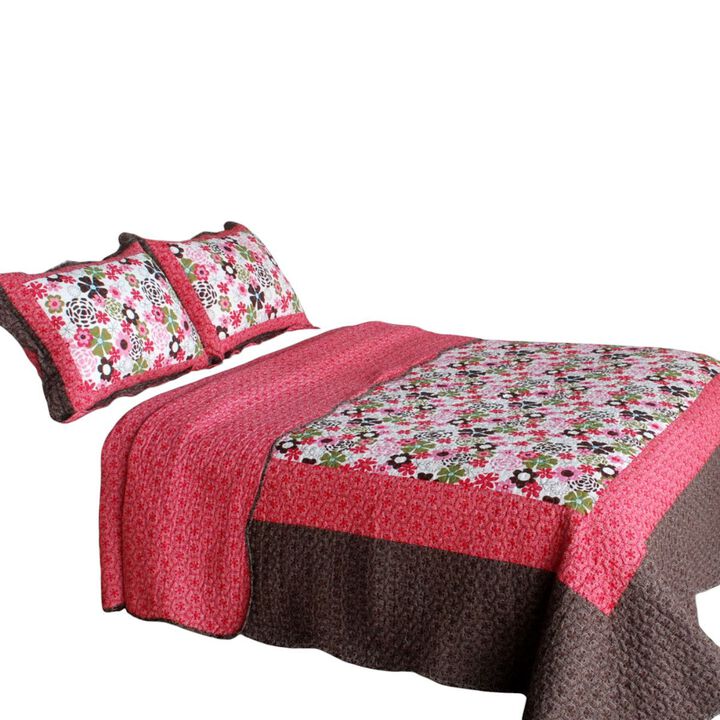 Vermicelli Quilted Cotton Floral Printed Quilt Set Queen Size Candy Floral Design Set