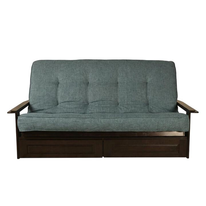 Phoenix Frame Queen-Espresso Finish-Linen Aqua Mattress-Storage Drawers
