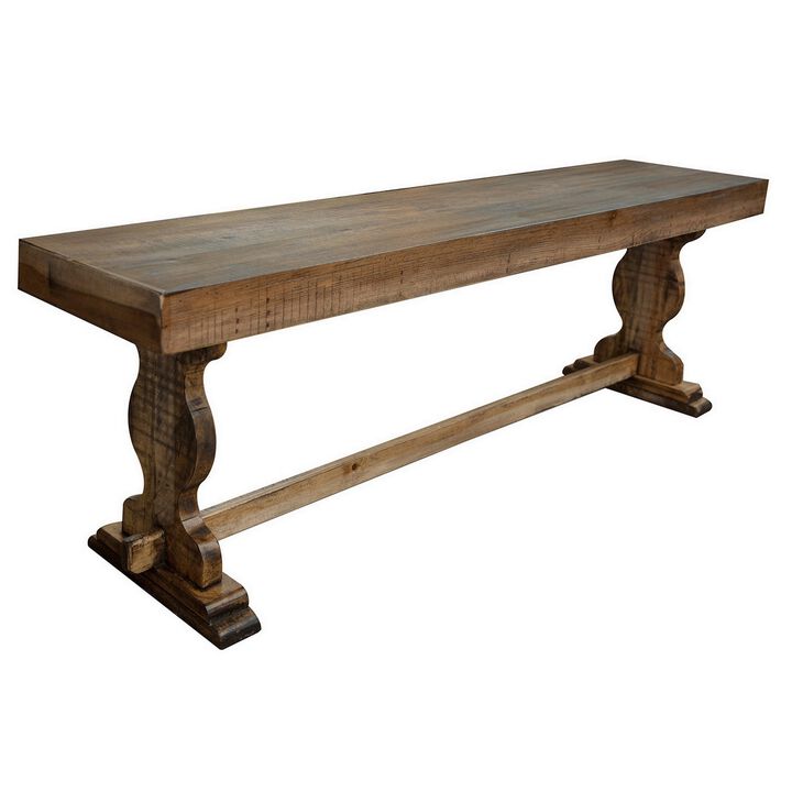 Ebb 70 Inch Rustic Wood Bench, Curved Base, Solid Pine Wood, Light Brown-Benzara