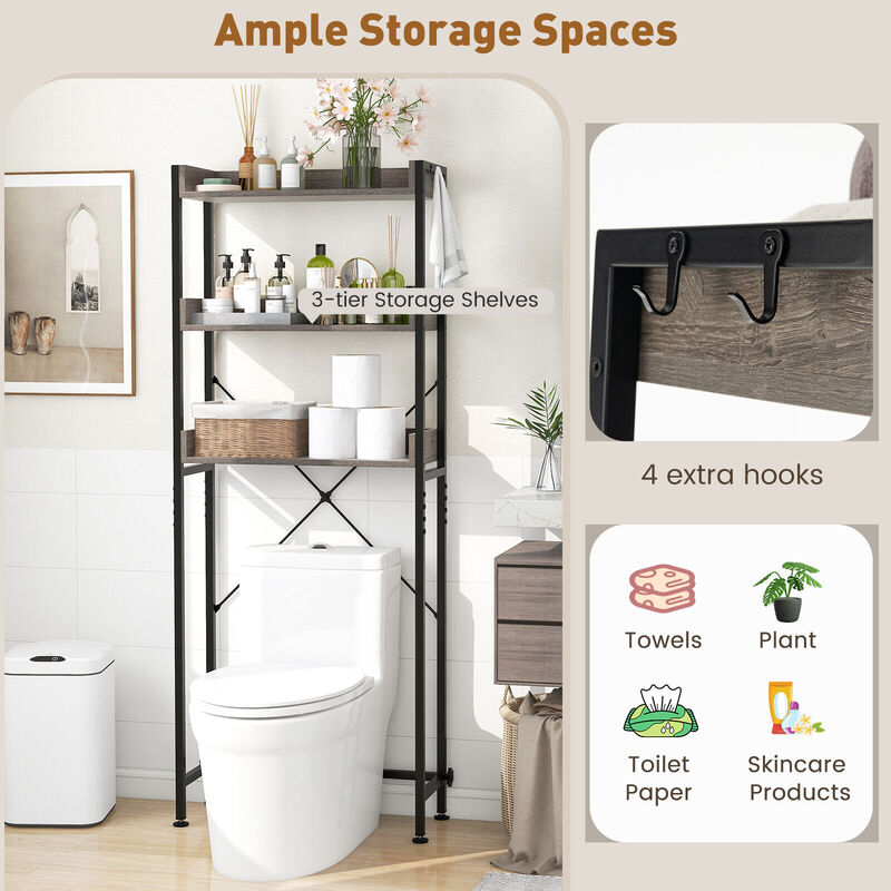 Over The Toilet Storage Rack with Hooks and Adjustable Bottom Bar