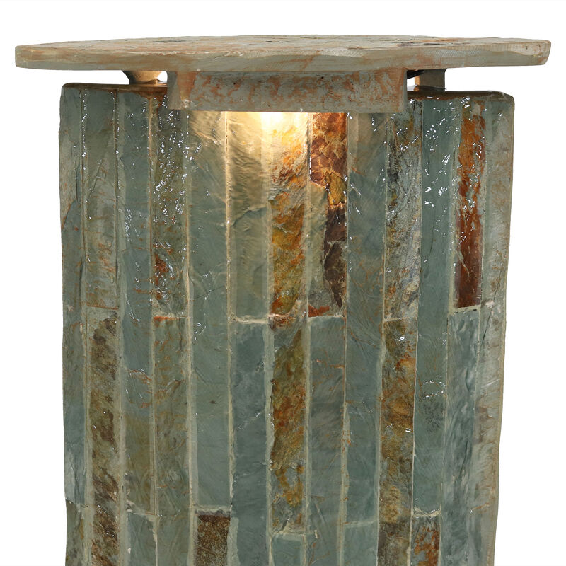 Sunnydaze Natural Slate Floor Water Fountain Tower with LED Lights - 49 in