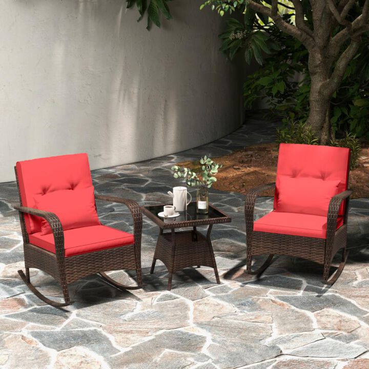 3 Piece Outdoor Rocking Set with Tempered Glass Coffee Table for Backyard Poolside