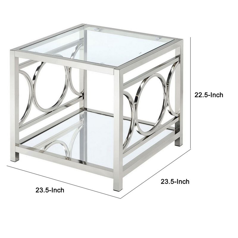 Paire 24 Inch End Table, Glass Top, Mirrored Bottom Shelf, Metal Accents-Benzara