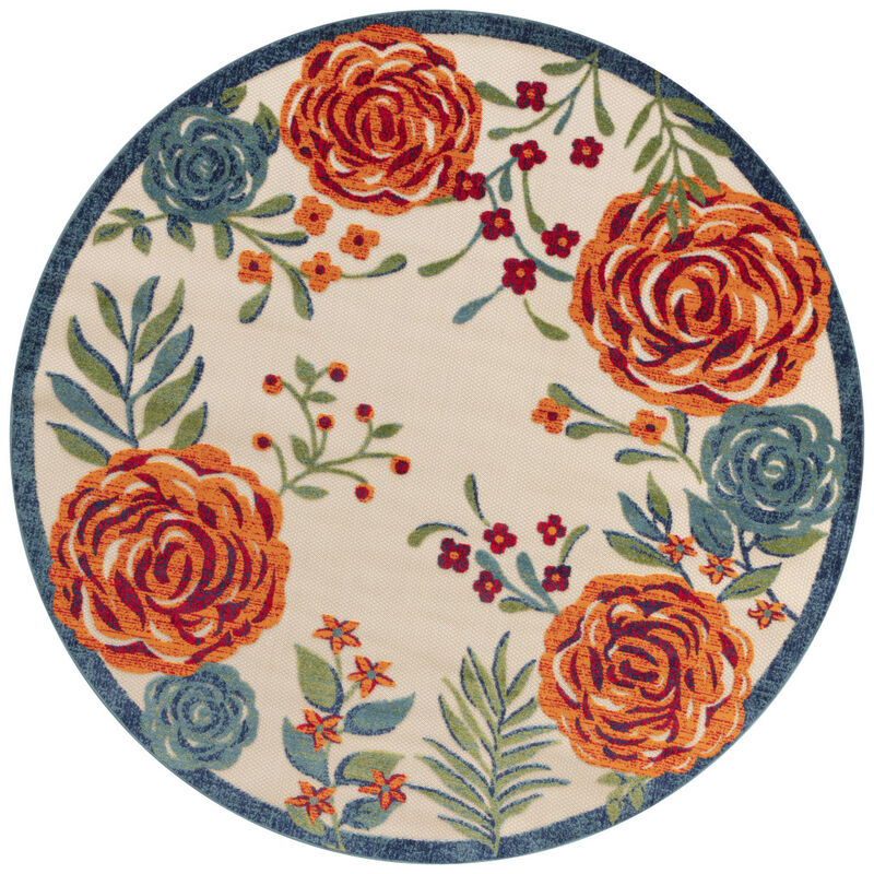 HomeRoots 8' Ivory Orange Green And Blue Round Floral Indoor Outdoor Area Rug image number 2