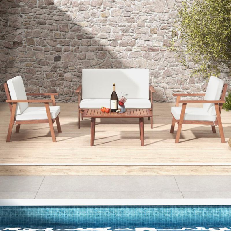 Hivvago 4 Piece Outdoor Acacia Wood Conversation Set with Soft Seat and Back Cushions