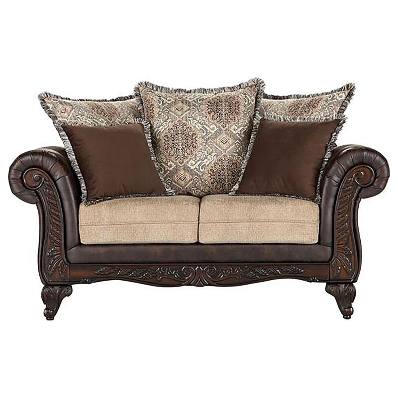 Miva Loveseat w Pillows, Classic Rolled Arms, Brown Faux Leather - Benzara - Benzara