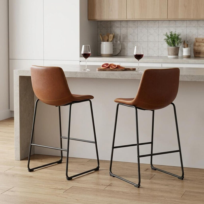 HomeRoots Set of Two 26" Brown and Black Faux Leather and Aluminum Counter Height Bar Chairs image number 1