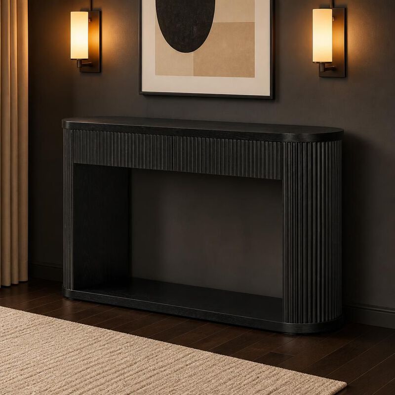 GOODSILO Oval Fluted Console Table with 2 Drawers & Bottom Shelf, Wood Entryway Table with Metal Slides for Living Room Entryway image number 2