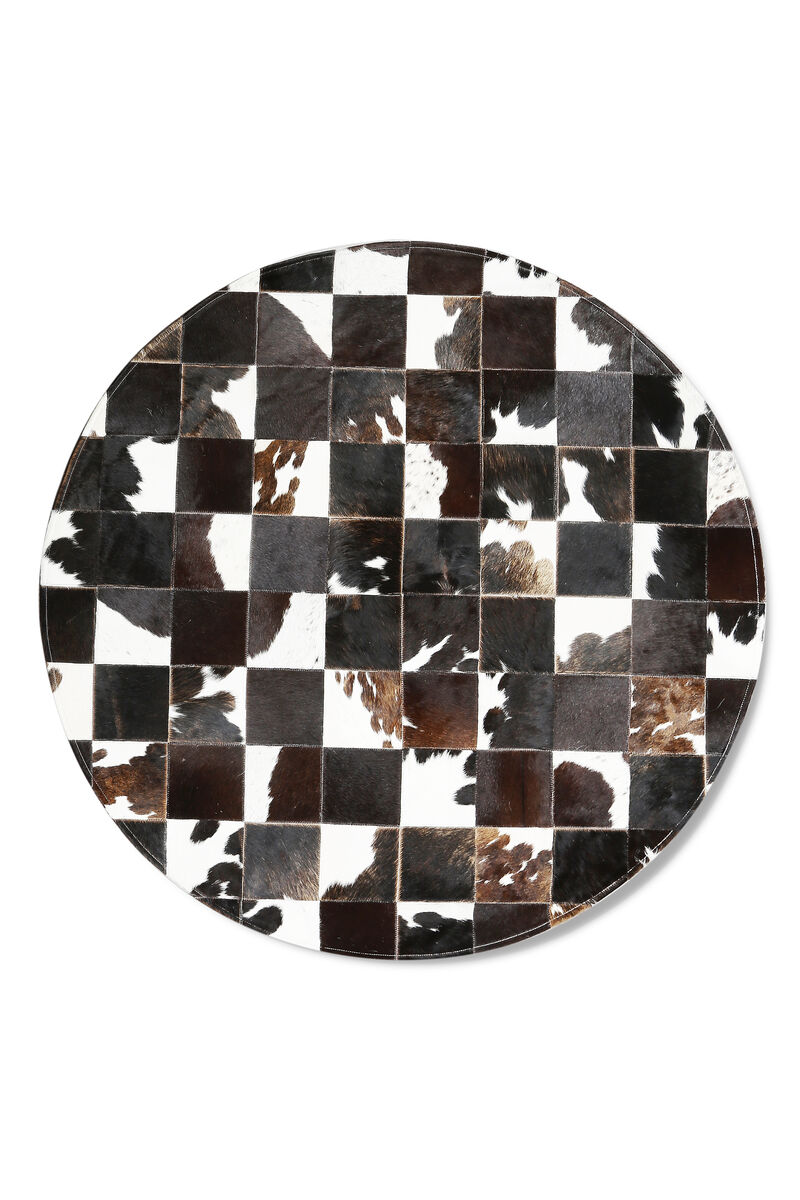 Round Cowhide Rug Black Brown White Patchwork Leather Rug, Handmade Genuine Cowhide Area Carpet, Farmhouse Rustic Round Decor