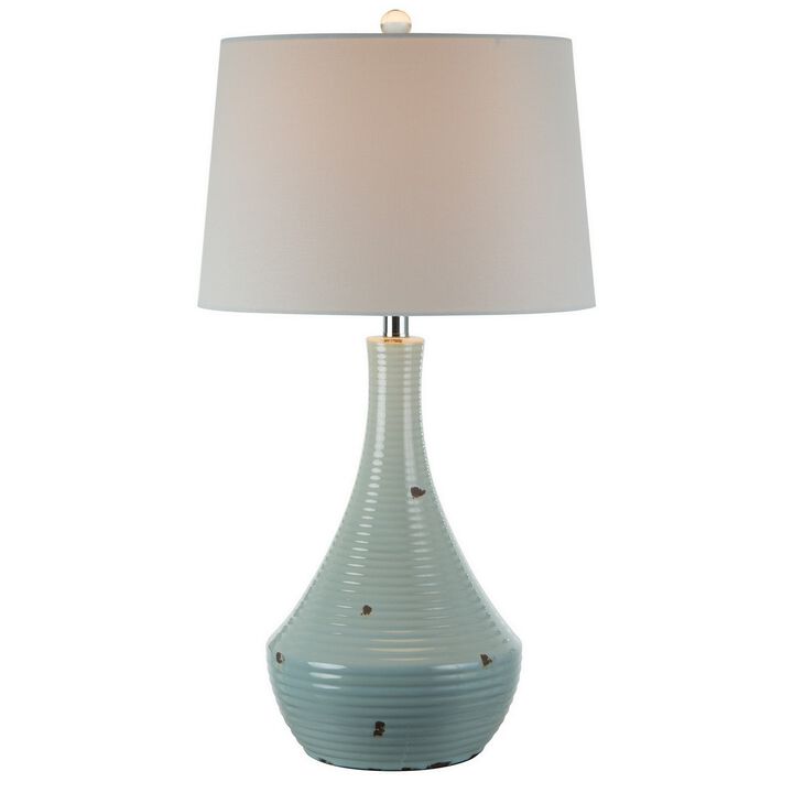 28 Inch Table Lamp with Clean Lines, Empire Shade, Ceramic, Teal Blue - Benzara