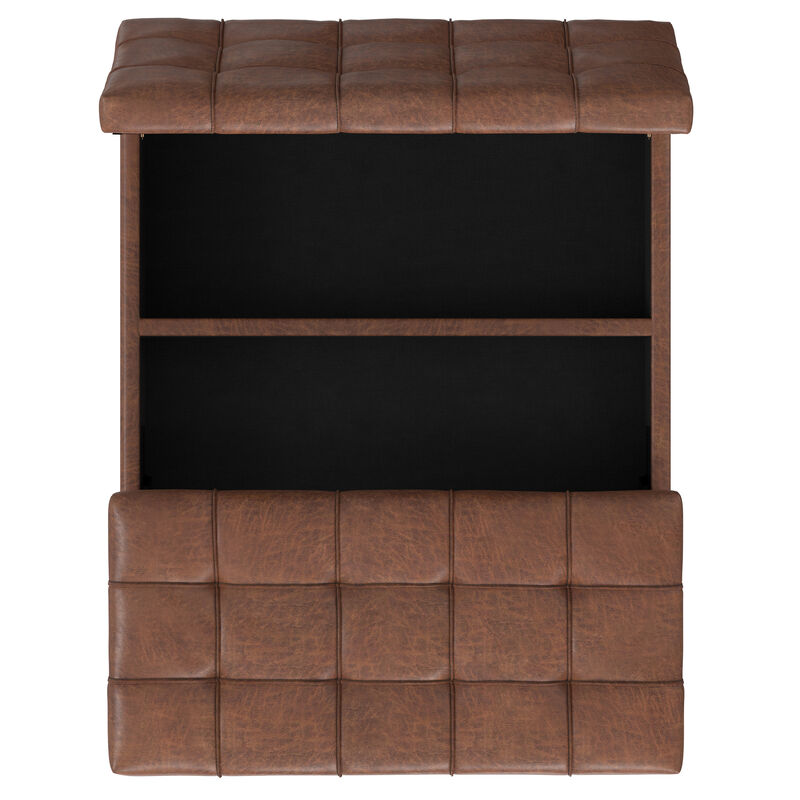 Mariah 36 inch Wide Contemporary Rectangle Lift Top Table Storage Ottoman in Distressed Saddle Brown  Vegan Faux Leather, Assembled