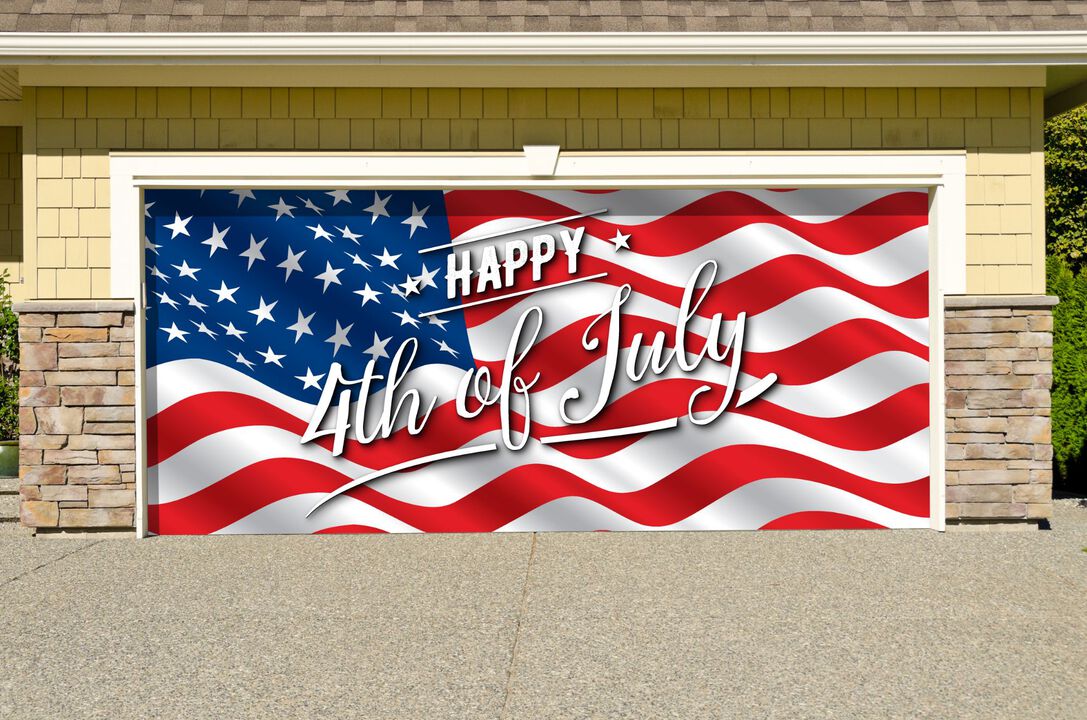 7' x 16' Red and White Fourth of July US Flag Double Car Garage Door Banner