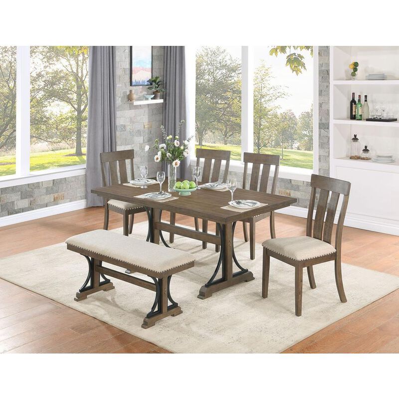 6 piece dining table set in brown oak with 4 side chairs and one dining bench