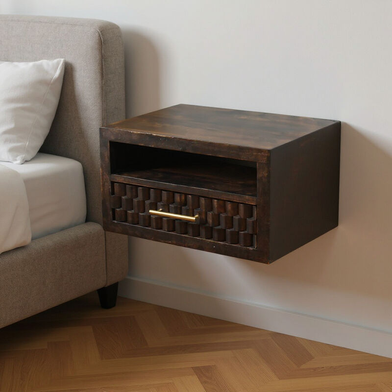 HomeRoots 18" Brown Solid Wood One Drawer Floating Nightstand image number 1