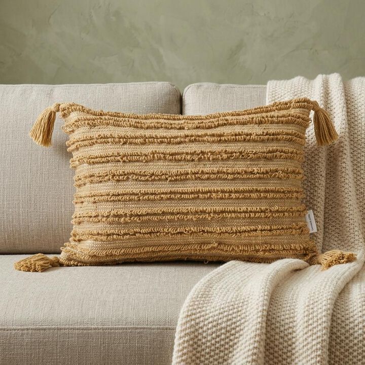 HomeRoots 14" X 20" Beige Striped Cotton Throw Pillow With Tassels