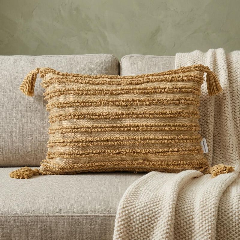 HomeRoots 14" X 20" Beige Striped Cotton Throw Pillow With Tassels image number 1