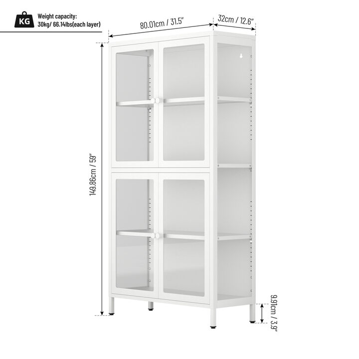 Four Glass Door Storage Cabinet with Adjustable Shelves and Feet Cold-Rolled Steel Sideboard Furniture for Living Room Kitchen White
