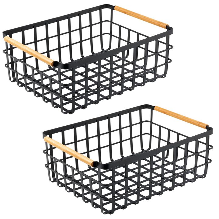 mDesign Metal Wire Organizer Basket, Bamboo Handles, 2 Pack, Matte Black/Natural