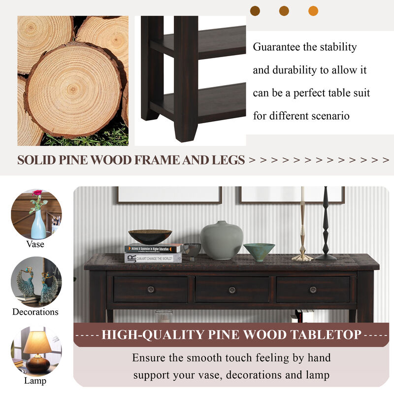 Whisen Classic Vintage Design Console Table with 3 Storage Drawers and 2 Shelves - Distressed Black