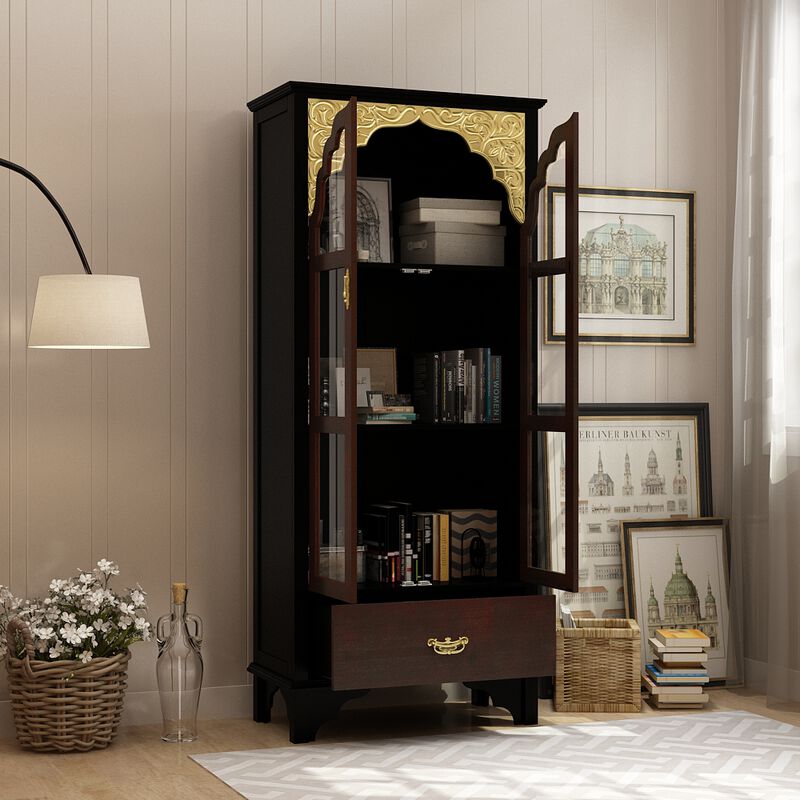 FUFU&GAGA Classic Display Bookcase with Glass Doors & Drawer, Solid Wood Front & Ornate Golden Details, (31.5 in. W x 15.7 in. D x 70.9 in. H), Black and Gold