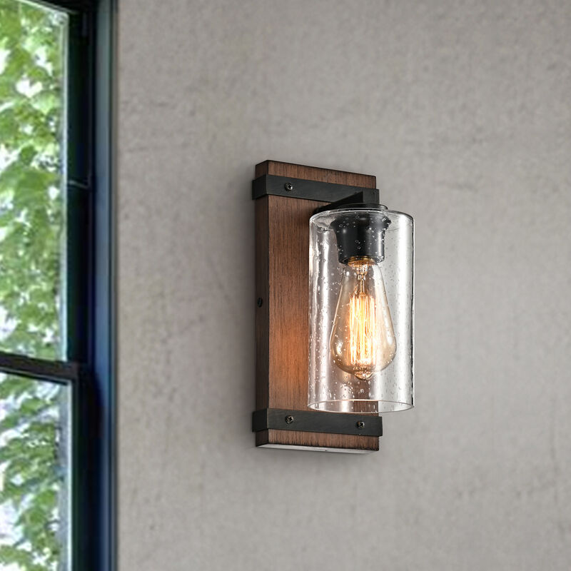 In&eacute;s Antique Black Metal and Natural Wood Base Glass Wall Sconce image number 1