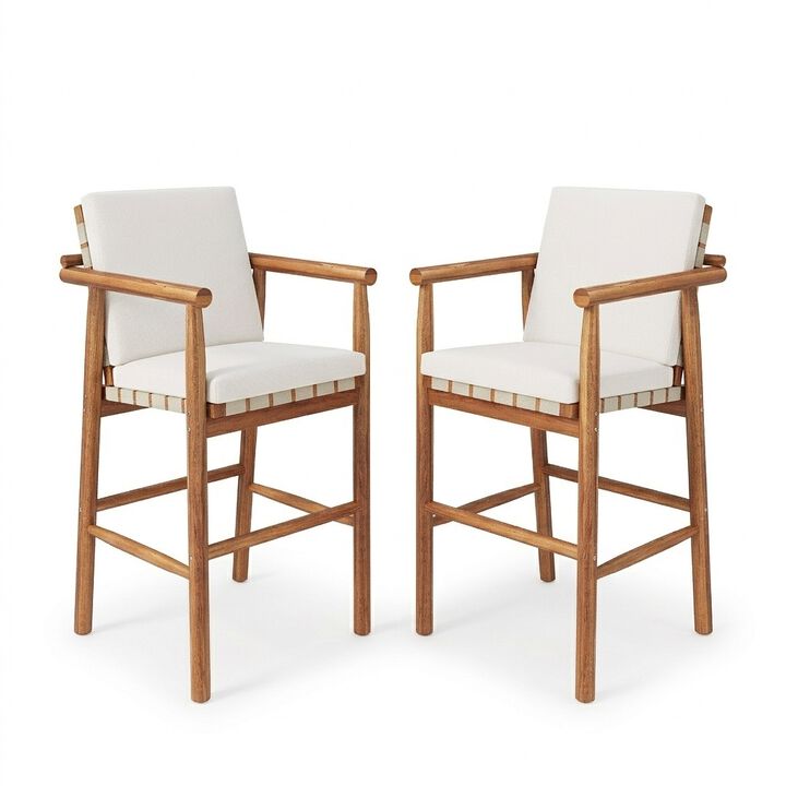 Merax Acacia Wood Bar Stool Set with Removable Cushions, High-Strength Webbing Seat