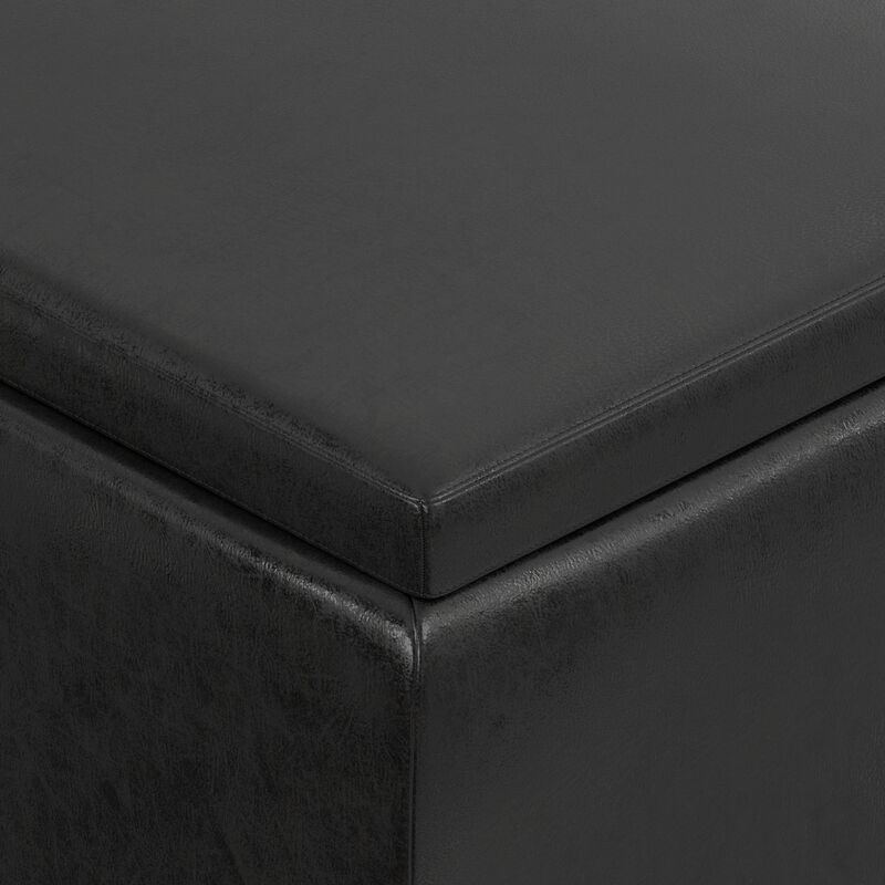 Owen 34 inch Wide Mid Century Modern Rectangle Tray Top Small Coffee Table Storage Ottoman in Distressed Black Vegan Faux Leather, Assembled image number 4