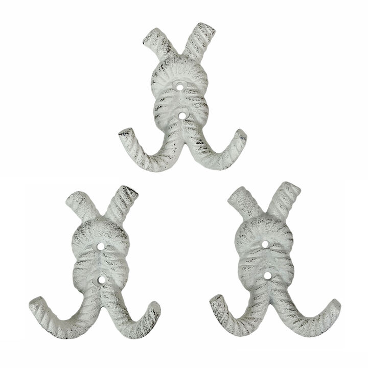Zeckos 4 Inch Cast Iron Rope Knot Wall Hooks, Set of 3 Nautical Double Coat Hooks, Antique White Coastal Wall Decor with Matching Screws for Beach Bathroom, Entryway, Mudroom or Bedroom