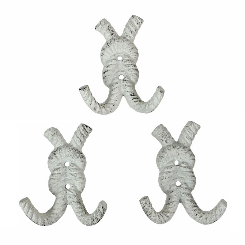 Zeckos 4 Inch Cast Iron Rope Knot Wall Hooks, Set of 3 Nautical Double Coat Hooks, Antique White Coastal Wall Decor with Matching Screws for Beach Bathroom, Entryway, Mudroom or Bedroom image number 0